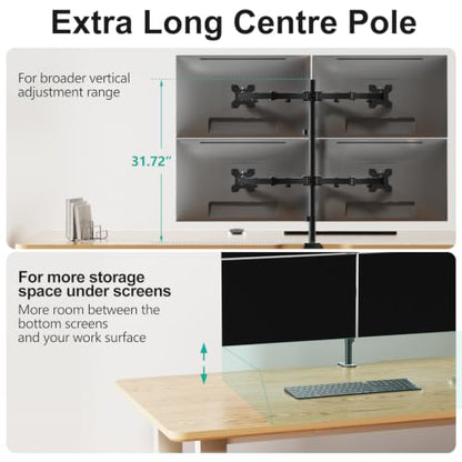 WALI Quad Monitor Desk Mount, 4 Monitor Stand Fits Heavy Duty Computer Screen up to 27 inch, Full Adjustable Arm Holds up to 22 lbs per Arm (M004), Black - size: 13"-27", style: Quad