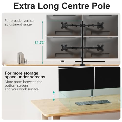 WALI Quad Monitor Desk Mount, 4 Monitor Stand Fits Heavy Duty Computer Screen up to 27 inch, Full Adjustable Arm Holds up to 22 lbs per Arm (M004), Black - size: 13"-27", style: Quad