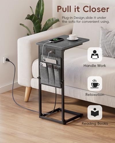 Vagusicc C-Shaped End Tables Set of 2 with Charging Station, 33'' Tall C Table Adjustable Height Side Table for Couch, Small Couch Table that Slide Under Sofa, TV Trays for Living Room, Gray Walnut - color: 2pc Gray Walnut, style: With Plug