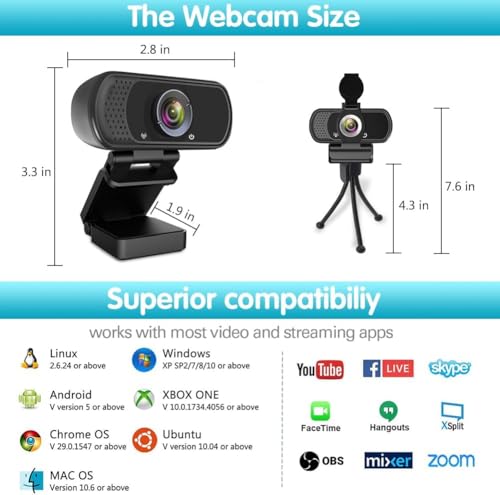 ZIQIAN 1080P Webcam with Microphone, USB Web HD Camera for PC, Laptop&Mac | 110° Wide Angle Computer Webcam with Privacy Cover & Tripod, Streaming Webcam for Zoom, Twitch, Teams, YouTube, Plug & Play - color: Black