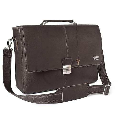 Leather Messenger Bag for Men & Women, 16'' Handmade Laptop Briefcase Satchel, Crossbody Shoulder Office Bag for Work, Travel - color: Dark Brown