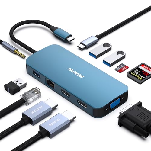 BENFEI 11-in-1 USB C Hub Triple Display Docking Station Dual HDMI, VGA, 3*USB 3.0, 1Gbps Ethernet, 100W Power Delivery, SD/TF Card Reader, 3.5mm AUX Audio Compatible with MacBook XPS Surface - color: Blue, size: 11-in-1