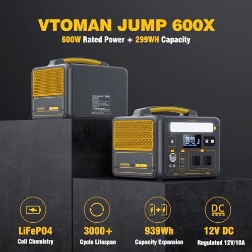 VTOMAN 939Wh Portable Power Station Bundle with Extra Battery & 110W Solar Panel Included - Up to 1200W Solar Power Generator for Home Backup, Off-grid, Road Trip, RV, Camping, Fishing, Emergencies - style: Jump600X+110W+ExtraBattery