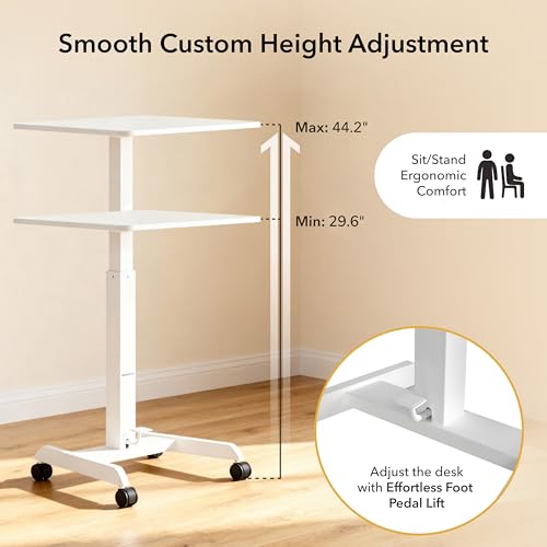 Mount-It! Adjustable Rolling Laptop Desk, Mobile Standing Desk with Wheels, Small Sit-Stand Computer Cart for Home, Office, or Classroom, 29.6–44.2" Height, 23.6"x20.5" Desktop, White - color: White