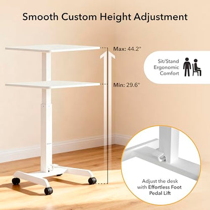 Mount-It! Adjustable Rolling Laptop Desk, Mobile Standing Desk with Wheels, Small Sit-Stand Computer Cart for Home, Office, or Classroom, 29.6–44.2" Height, 23.6"x20.5" Desktop, White - color: White