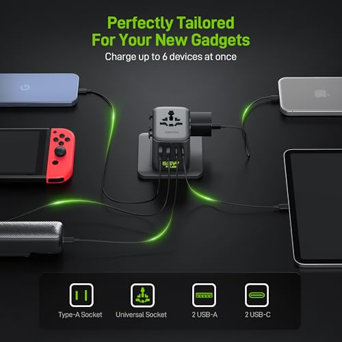 Epicka Pulse Duo 65W Universal Travel Adapter PD/QC 3.0, 2AC/2USB-C/2USB-A | International Power Adapter for EU/US/UK/AU, Fast-Charging for Multi-Device Use, Black - style: Pulse Duo 65W Black