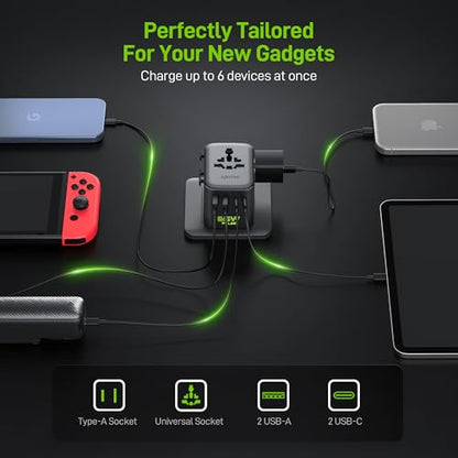 Epicka Pulse Duo 65W Universal Travel Adapter PD/QC 3.0, 2AC/2USB-C/2USB-A | International Power Adapter for EU/US/UK/AU, Fast-Charging for Multi-Device Use, Black - style: Pulse Duo 65W Black