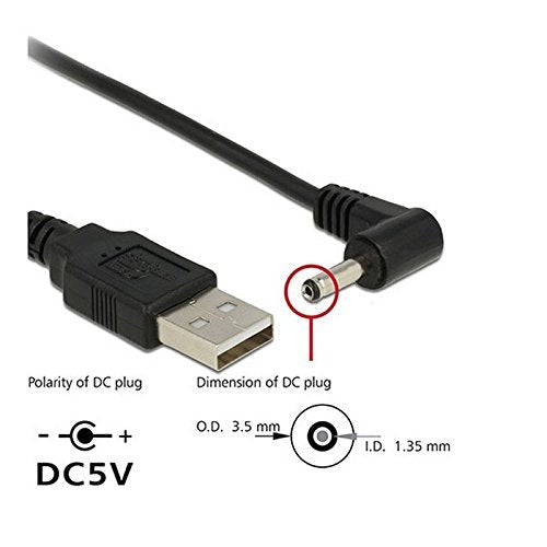 TENINYU USB 2.0 A Male to Right Angled 90 Degree DC 3.5x1.35 mm 5 Volt 24AWG DC Barrel Jack Power Cable 3FT, Black (Max 2.5 Ampere, Center PIN Positive), 2 Pack