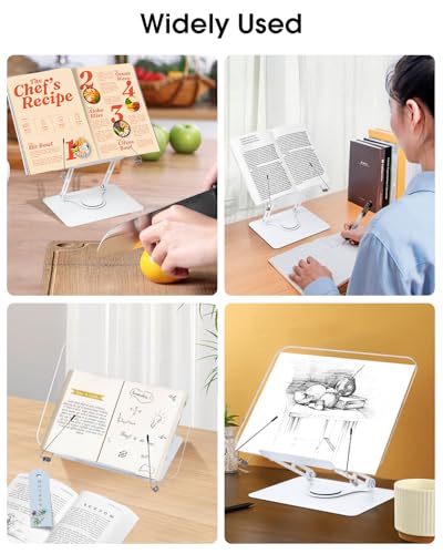 Honagu Book Stand for Reading, Adjustable Book Holder with 360 Degree Rotating Base & Page Clips, Hands Free Foldable Desktop Cookbook Stand for Sheet Music, Laptop, Recipe, Textbook (Acrylic)