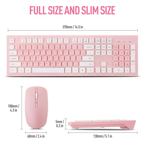 Wireless Silent Keyboard and Mouse Combo, Ultra-Slim Sleek Design Full-Sized Wireless Keyboard and Adjustable DPI Mouse, 2.4GHz USB Receiver for PC, Windows, MAC, Desktop, Laptop (Pink)
