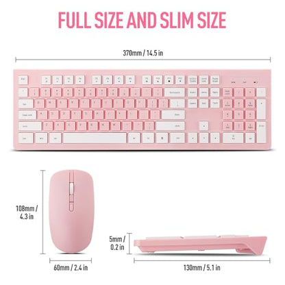 Wireless Silent Keyboard and Mouse Combo, Ultra-Slim Sleek Design Full-Sized Wireless Keyboard and Adjustable DPI Mouse, 2.4GHz USB Receiver for PC, Windows, MAC, Desktop, Laptop (Pink)