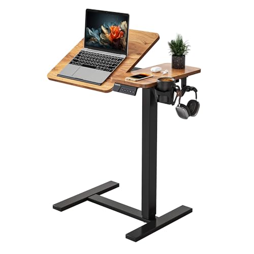 YIHAYO Adjustable Overbed Bedside Table with Wheels, 28 x 16 Inches Electric Mobile Standing Desk, Laptop Desk, Movable Overbed Tables Hospital Home Use, Rustic Brown - color: Black Frame/Rustic Brown Top, size: 28*16 Inch