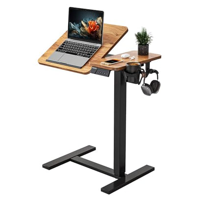 YIHAYO Adjustable Overbed Bedside Table with Wheels, 28 x 16 Inches Electric Mobile Standing Desk, Laptop Desk, Movable Overbed Tables Hospital Home Use, Rustic Brown - color: Black Frame/Rustic Brown Top, size: 28*16 Inch