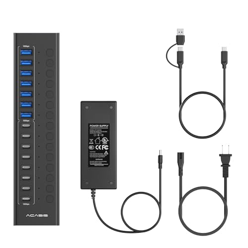 ACASIS 16 Ports Powered USB 3.2 Hub (8 USB-A 3.2 +8 USB-C 3.2), 10Gbps | Individual On/Off Switch for Each Port • Aluminum Housing • Better Heat Dissipation • Plug & Play • 96W Power Adapter - color: Black