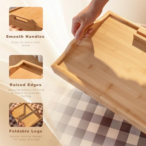 Lavievert Expandable & Height Adjustable Bed Tray Table with 360° Rotating Phone Holder, Bamboo Breakfast Food Serving Tray, Portable Laptop Desk Snack Platter with Handles & Foldable Legs for Bedroom