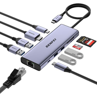 BENFEI USB C Hub 10-in-1 Docking Station, 4K@60Hz HDMI, Gigabit Ethernet, 100W PD, 5Gbps USB-C Data, 4X USB-A 3.0, 170MB/s SD/TF Card Reader for MacBook Pro/Air, iPad Pro, iMac, Galaxy S23, XPS 17