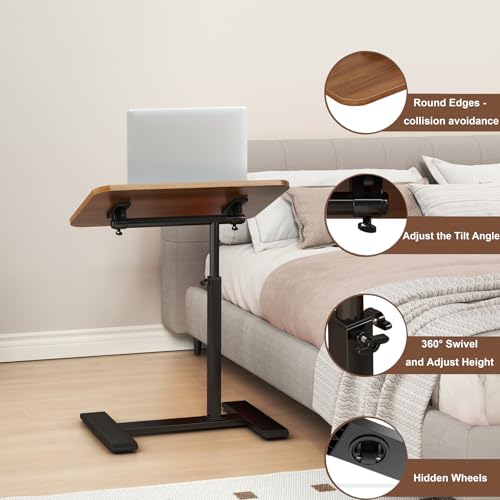 Adjustable Height C Shaped Side Table,360°Swivel Overbed Table,Top Tilting Laptop Stand Table with Hidden Wheels,Mobile Couch End Tables that Slide under,Rolling TV Coffee Table for Sofa/Bed(walnut) - color: Walnut