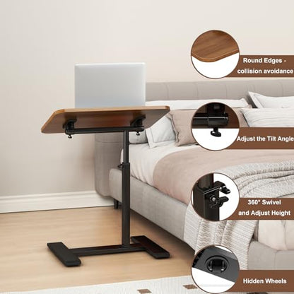 Adjustable Height C Shaped Side Table,360°Swivel Overbed Table,Top Tilting Laptop Stand Table with Hidden Wheels,Mobile Couch End Tables that Slide under,Rolling TV Coffee Table for Sofa/Bed(walnut) - color: Walnut