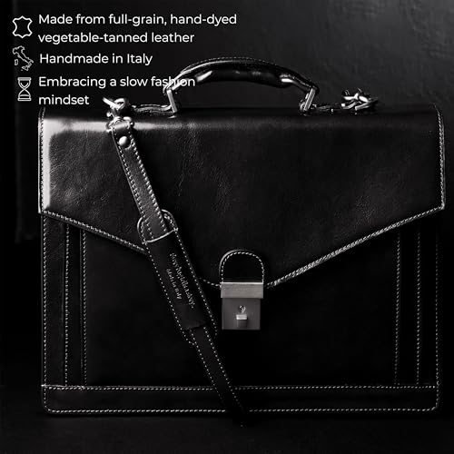 Time Resistance Leather Briefcase for Men - Business Laptop Bag - Italian Handmade Leather Bag - Attache - Gift Box Included - color: Black