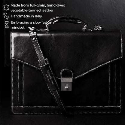 Time Resistance Leather Briefcase for Men - Business Laptop Bag - Italian Handmade Leather Bag - Attache - Gift Box Included - color: Black