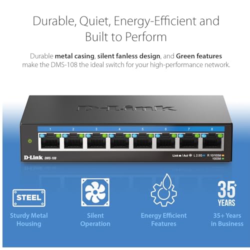 D-Link 8-Port 2.5GB Unmanaged Gaming Switch with 8 x 2.5G - Multi-Gig, Desktop or Wall Mount, Silent Operation, Plug & Play, Follows NDAA/TAA, (DMS-108), Ethernet Splitter, Multi-Gigabit Network - size: 8 Port Multi-Gig 2.5Gb