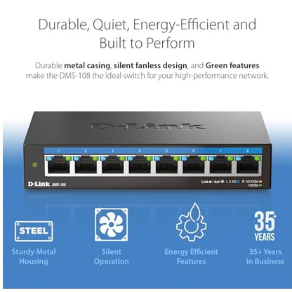 D-Link 8-Port 2.5GB Unmanaged Gaming Switch with 8 x 2.5G - Multi-Gig, Desktop or Wall Mount, Silent Operation, Plug & Play, Follows NDAA/TAA, (DMS-108), Ethernet Splitter, Multi-Gigabit Network - size: 8 Port Multi-Gig 2.5Gb