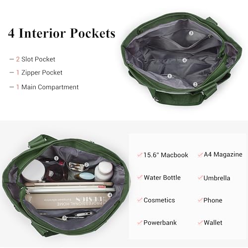 VOLGANIK ROCK Canvas Tote Bag Waterproof Nylon Multi Pocket Shoulder Bags Laptop Work Bag Teacher Purse Handbag for Women Men - color: Army Green