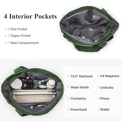VOLGANIK ROCK Canvas Tote Bag Waterproof Nylon Multi Pocket Shoulder Bags Laptop Work Bag Teacher Purse Handbag for Women Men - color: Army Green