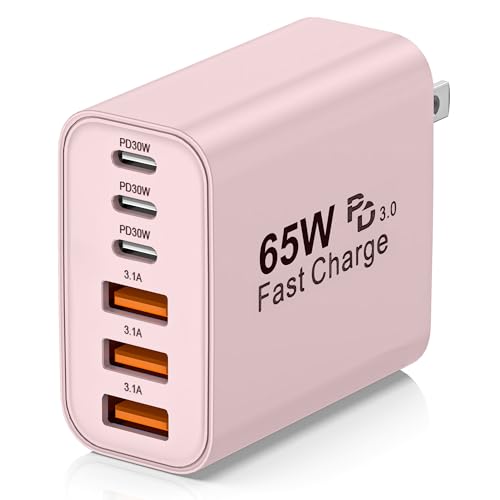 65W USB C Charger Block,6-Port Multi Device Fast Charger PD QC Wall Adapter | GaN technology saves space and reduces heat,ideal for home,office,travel,wide compatibility for iphone and USBC devices（Pink - color: Pink, size: 65w