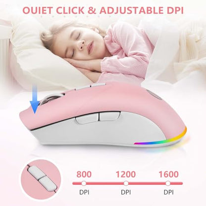 Wireless Mouse, Bluetooth Mouse for Laptop, Rechargeable, Dual Mode (BT 5.2 + 2.4G ) Silent Wireless Bluetooth Pnk Mouse, Laptop Mouse,Ergonomic Design, 3-Level Adjustable DPI Mouse for iPad, Mac, PC