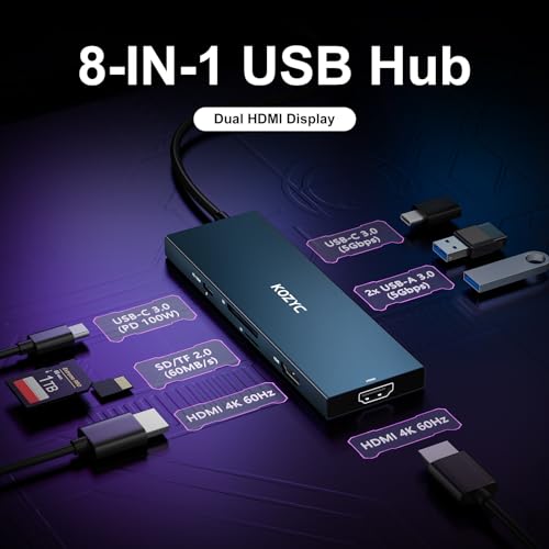 KOZYC USB C Docking Station Dual HDMI 4K@60Hz, 8-in-1 USB C Hub 2 HDMI, USBC 3.0, 2xUSB-A 3.0, SD/TF, 100W PD, Laptop Docking Station Dual Monitor Compatible with HP, Dell - style: 8-in-1
