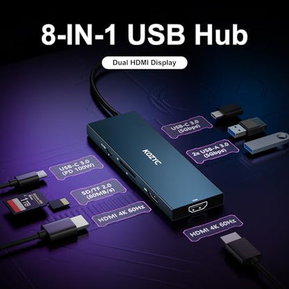 KOZYC USB C Docking Station Dual HDMI 4K@60Hz, 8-in-1 USB C Hub 2 HDMI, USBC 3.0, 2xUSB-A 3.0, SD/TF, 100W PD, Laptop Docking Station Dual Monitor Compatible with HP, Dell - style: 8-in-1