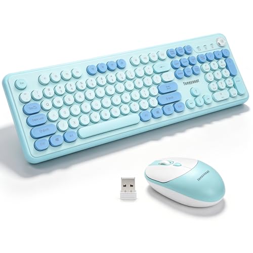 Tongyangat Wireless Keyboard and Mouse Combo, 2.4G Retro Typewriter Style Keyboard Mouse Set, Quiet Click, Aesthetic Round Keycaps, Plug & Play, for PC, Laptop, Desktop, Home Office (T801A-Cyan) - color: T801A-Cyan