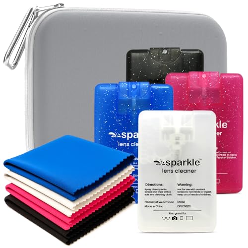 Sparkle Anti-Reflective Safe Square Lens Cleaner Spray Kit – 4 (20ml) Glasses Cleaner Spray with Microfiber Cloths & Travel Pouch for Eyeglasses, Lenses & Camera Cleaning Kit (9 Piece Set) - style: Grey | 1 Multipurpose Pouch + 4x0.68oz Lens Spray + 4 Clo