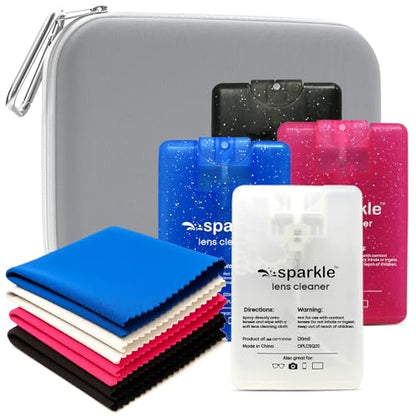 Sparkle Anti-Reflective Safe Square Lens Cleaner Spray Kit – 4 (20ml) Glasses Cleaner Spray with Microfiber Cloths & Travel Pouch for Eyeglasses, Lenses & Camera Cleaning Kit (9 Piece Set) - style: Grey | 1 Multipurpose Pouch + 4x0.68oz Lens Spray + 4 Clo