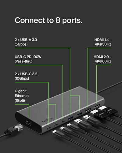 Belkin USB-C Hub 8 in 1 Dual Display | Dual monitor support for MacBook, Windows laptop, and Chromebook, expands USB-C connectivity for home office