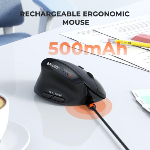 MEETION Left-Handed Ergonomic Vertical Mouse, Wireless, Rechargeable, Black | Dual-mode connectivity via Bluetooth 5.2, Bluetooth 3.0 and USB. 4 adjustable DPI (800–2400) for Windows, Mac, PC and iPad - color: Left Black