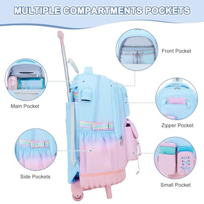Scothen Rolling Backpack for Girls, Girls Backpack Set with Lunch Box & Pencil Pouch for Teen Girl Kids Children Elementary Middle School, Bookbag Daypack Laptop Travel Backpack with Wheels - color: Blue Purple