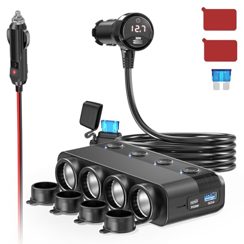 Qidoe Cigarette Lighter Splitter, 300W 4-Socket Car Charger Adapter with Dual PD30W Type C & QC18W USB, 12V/24V Car Splitter Adapter with Independent Switches & LED Voltage Display for All Car Devices