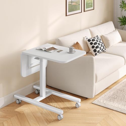 Homkdom C Shaped Table with Wheels for Couch or Sofa, White | Extended Desktop, for Eating on Couch, Bed, or Recliner, Height Adjustable Laptop Desk - color: White
