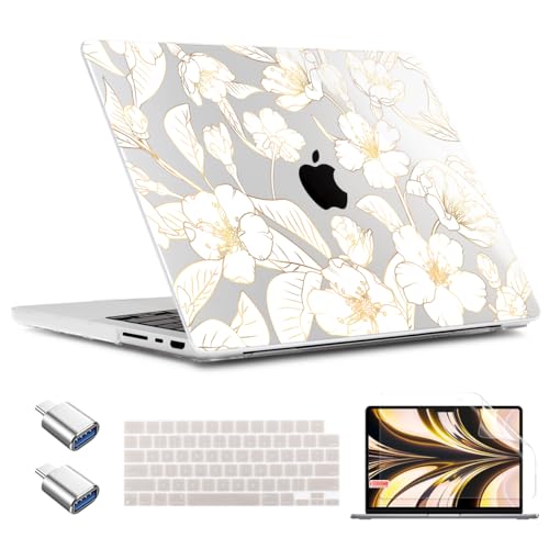 TWOLSKOO for MacBook Pro 16 inch Case M4 A3403 A3186 M3 A2991 M2 A2780 M1 A2485 (2024-2021) Pro/Max, Plastic Hard Shell & Keyboard Cover & Type C Adapter & Screen Protector, Gold Cherry Blossom - color: Gold Cherry Blossom