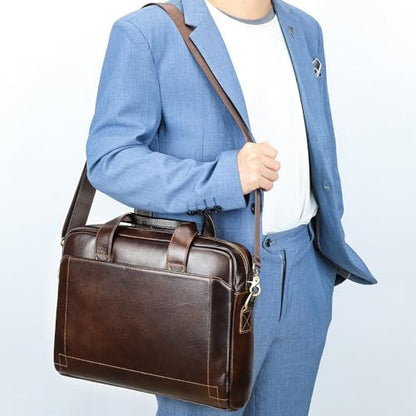 Genuine Leather Briefcase for Men and Women, Laptop Shoulder Bag,Messenger Bag 15 Inch Laptop, Business Travel - color: Dark Coffee