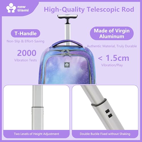 NEW TILAMI 20 Inch Rolling Backpack for School Stair-Climbing Big Wheel | Teen Boys Girls Carry-on Suitcase Large Organizer Compartment 15.6 Laptop Sleeve Adjustable Handle Roller Travel Bag College - color: Purple - Blue Fade
