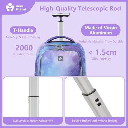 NEW TILAMI 20 Inch Rolling Backpack for School Stair-Climbing Big Wheel | Teen Boys Girls Carry-on Suitcase Large Organizer Compartment 15.6 Laptop Sleeve Adjustable Handle Roller Travel Bag College - color: Purple - Blue Fade