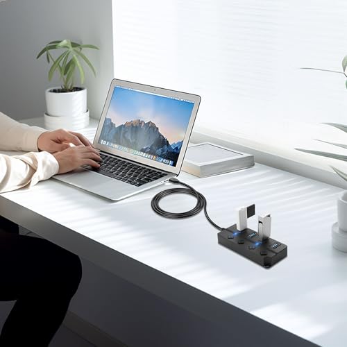 CERRXIAN USB Hub, 4Port USB Hub Splitter with Individual On/Off LED Switches 6.6ft/2m Long Cable, Multi Port Expander, Fast Data Transfer USB Splitter for Laptop, PC,Mobile HDD