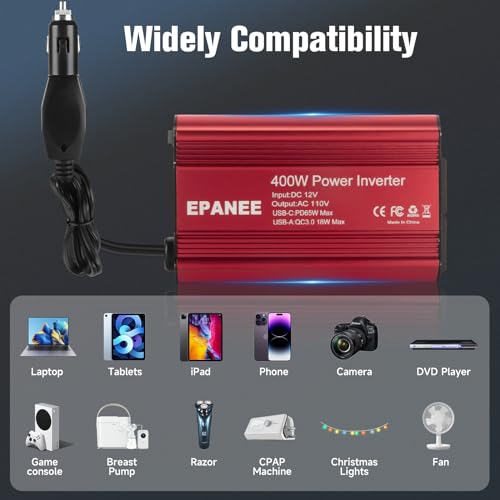 400W Power Inverter 12V DC to 110V AC, Car Charger Plug in Adapter Outlet with PD 65W USB-C&QC 18W Port, Portable Power Converters for Laptop Vehicles Camping Road Trip Essentials Adults - color: RED