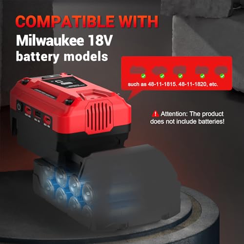 140W Battery Bidirectional Charger Compatible with Milwaukee 18V Battery | Dual USB-C 140W Output, Single USB-A 18W Output, Maximum Output of 280W, 700LM LED Work Light & LED Display (No Battery) - color: Red