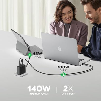 HKY 140W USB-C Charger Block 28V 5A PD3.1 Dual Port GaN Power Adapter for MacBook Pro Air Neo/iPad/Docking Station/Laptops/Tablets/Phones/Game Consoles Fast Charger with US/UK/EU/AU Travel Adapter