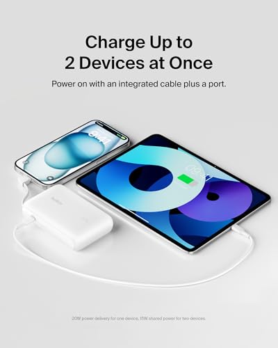Belkin 10000mAh 20W USB C Power Bank, Portable Charger for iPhone & iPad | Fast Charging, Integrated USB C Cable, Eatra USB C Port, iPhone 17, iPad, Samsung Galaxy S26, Charge 2 Devices - color: White, style: 10K mAh