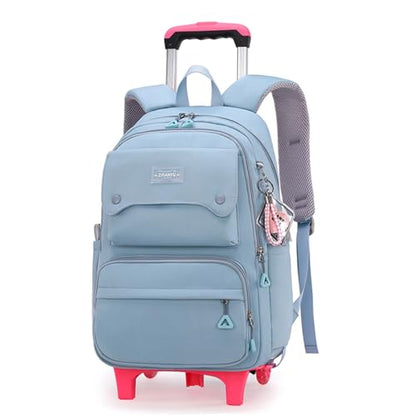 Solid Color Girls Rolling Backpack with Wheels Schoolbag Elementary School Student Trolley Daypack - color: A-blue - Two Wheels, size: 2 Wheels